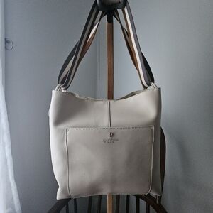 Spartina 449 Cream Leather Bucket Bag w/Striped Fabric Straps